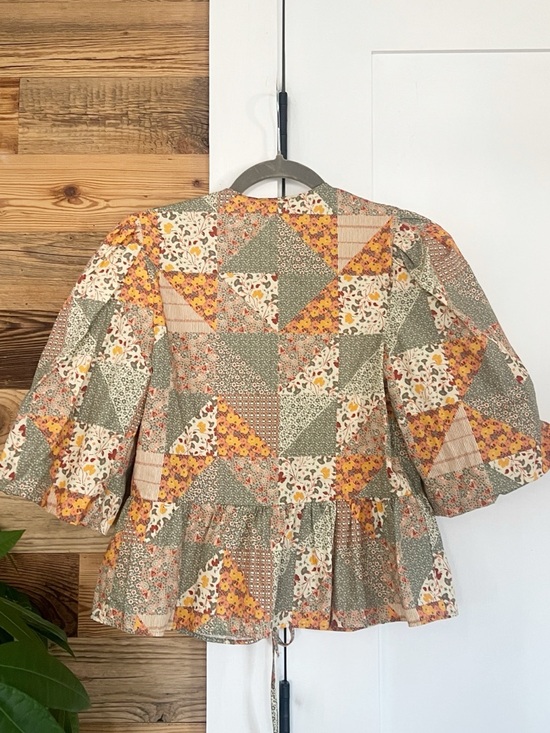 ASOS DESIGN Cotton Poplin Tie Front Patchwork Cottagecore Puff Sleeve Top XS - Picture 4 of 5